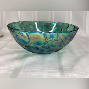 Indiana Glass Madeira Blue Green Iridescent Fruit Pattern 9 3/4” Scalloped Bowl